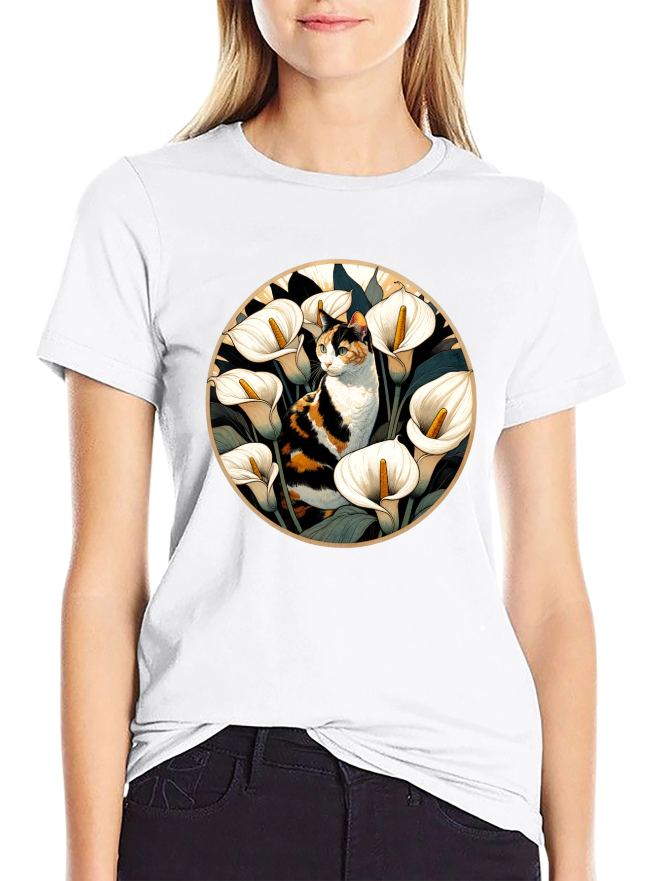 Cat & Calla Lily Black T-Shirt