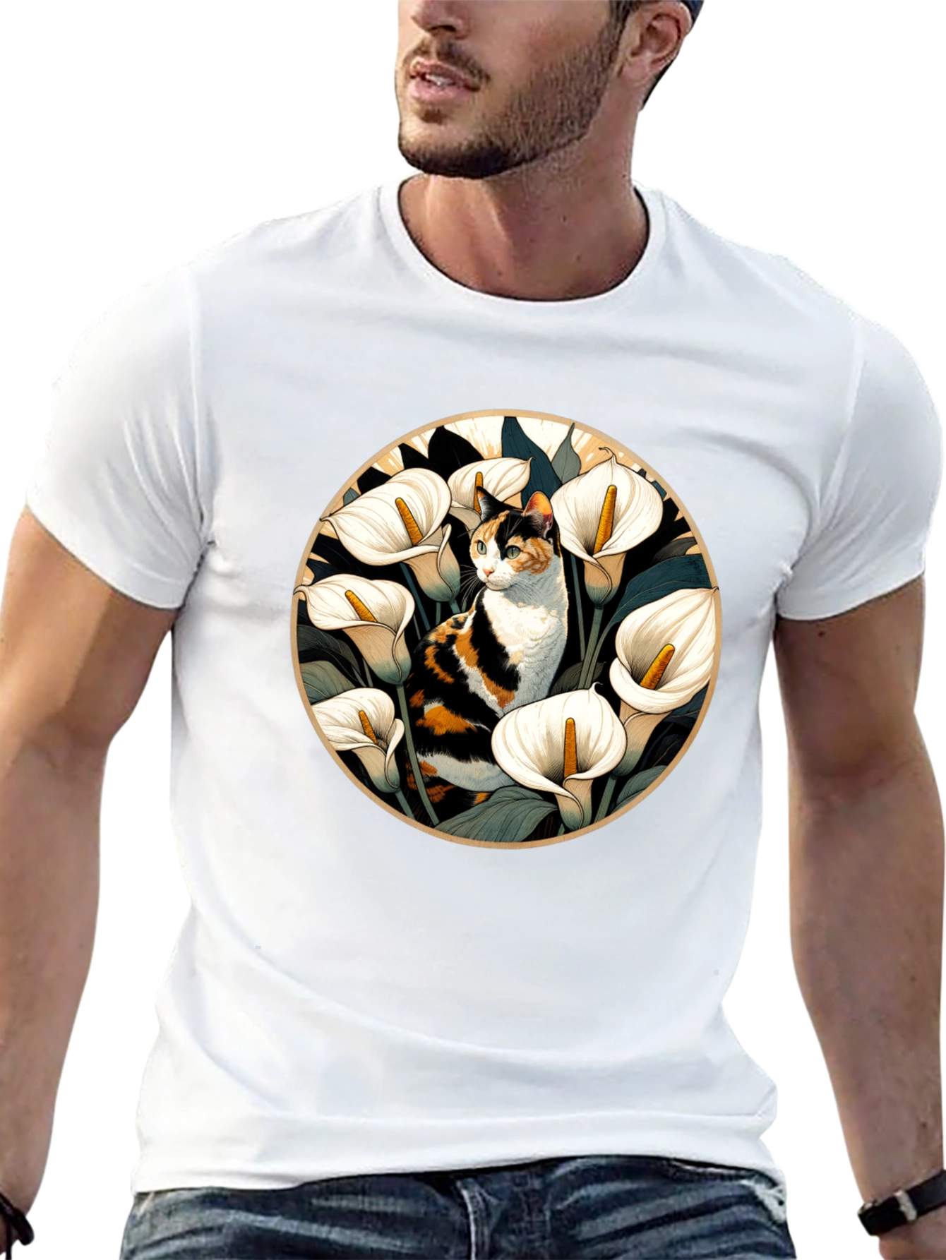 Cat & Calla Lily Black T-Shirt