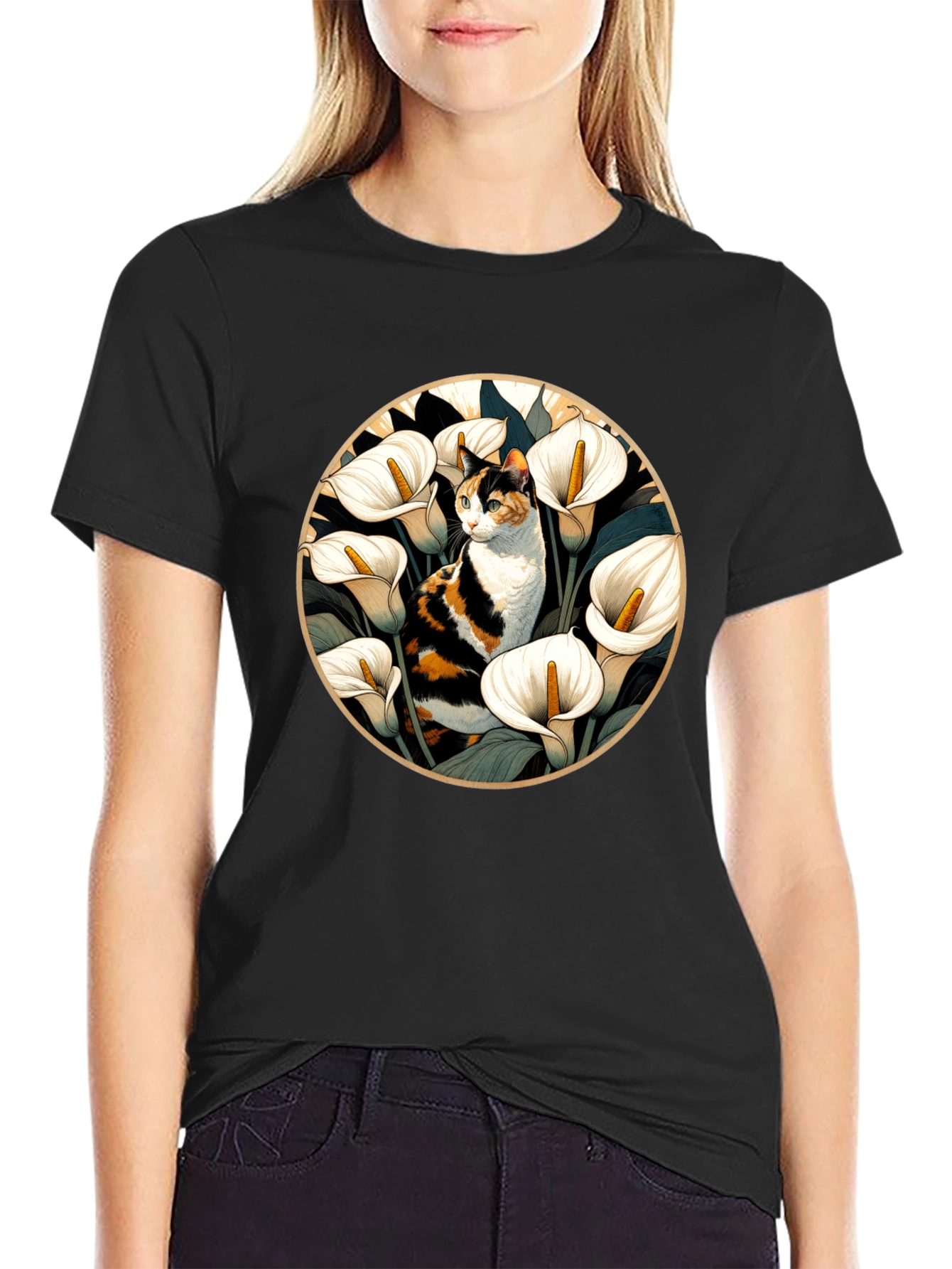 Cat & Calla Lily Black T-Shirt