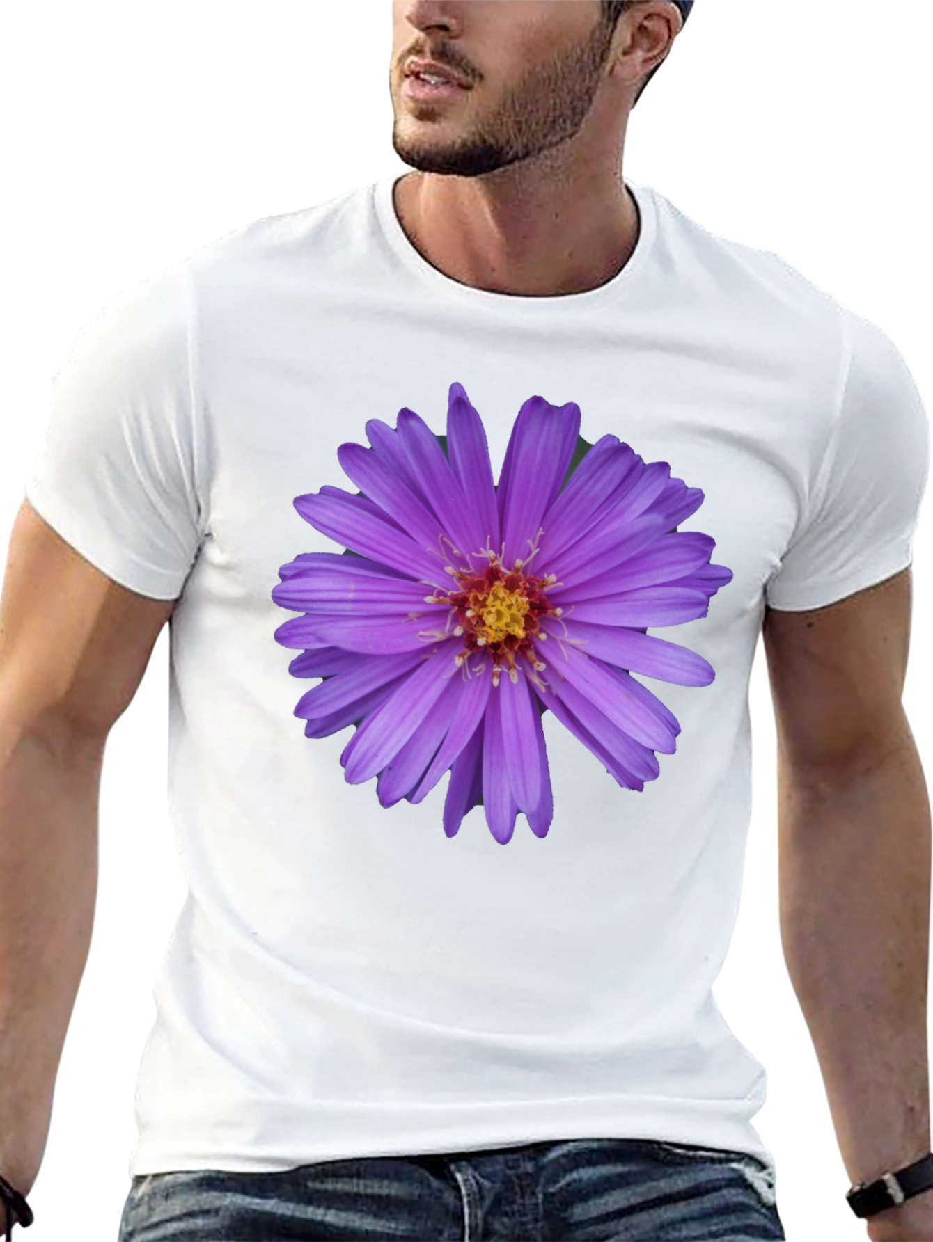 Floral Print Black T-Shirt - Aster Flower Design