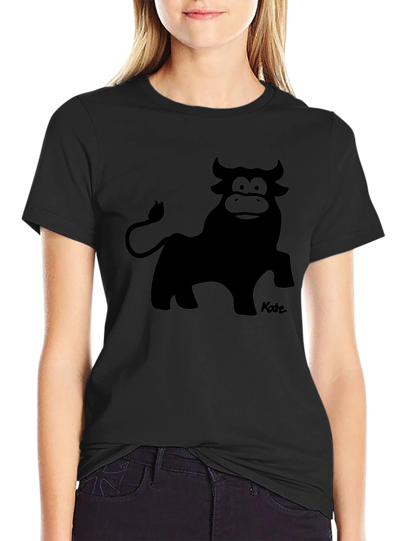 Cartoon Bull Graphic Tee - Black Crew Neck T-Shirt