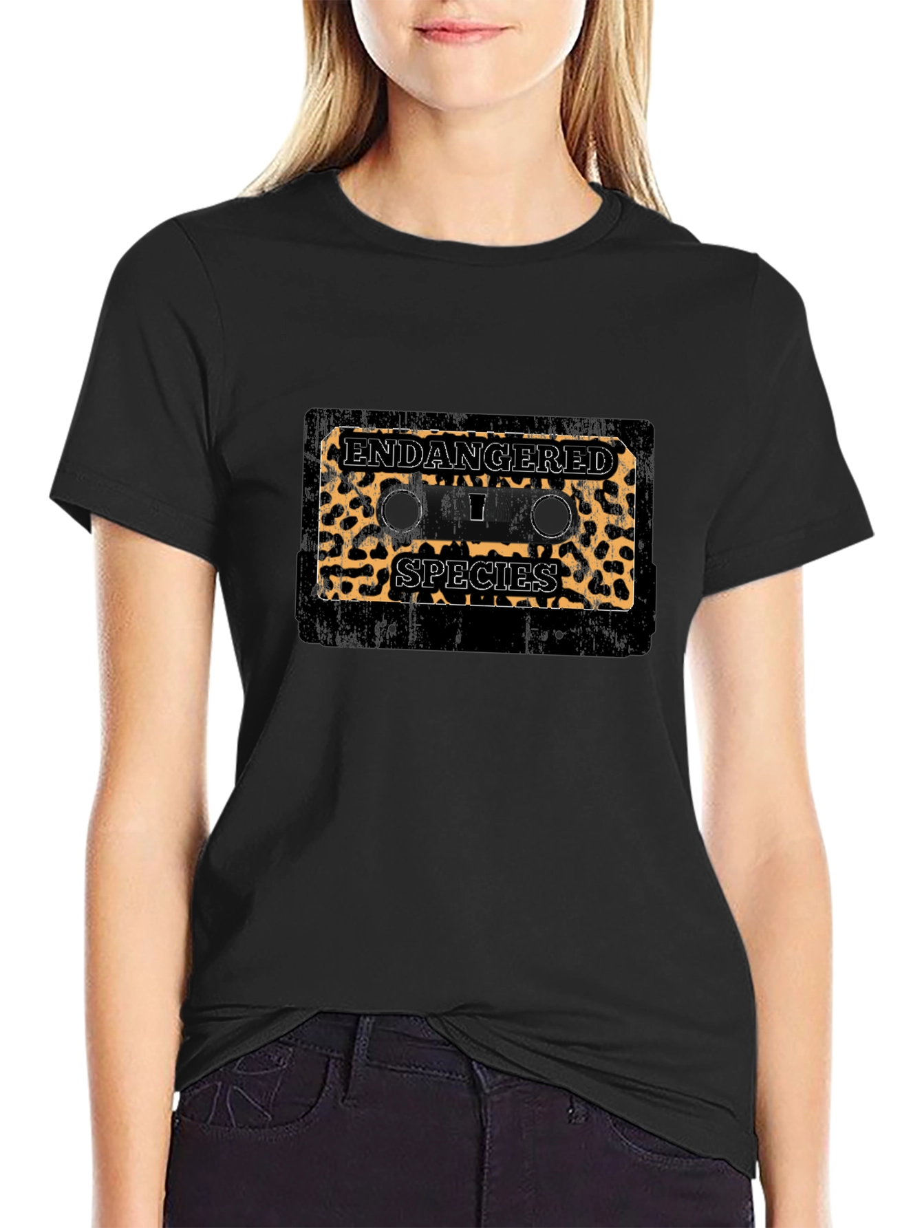 Endangered Species Leopard Print Cassette Tape Black T-Shirt