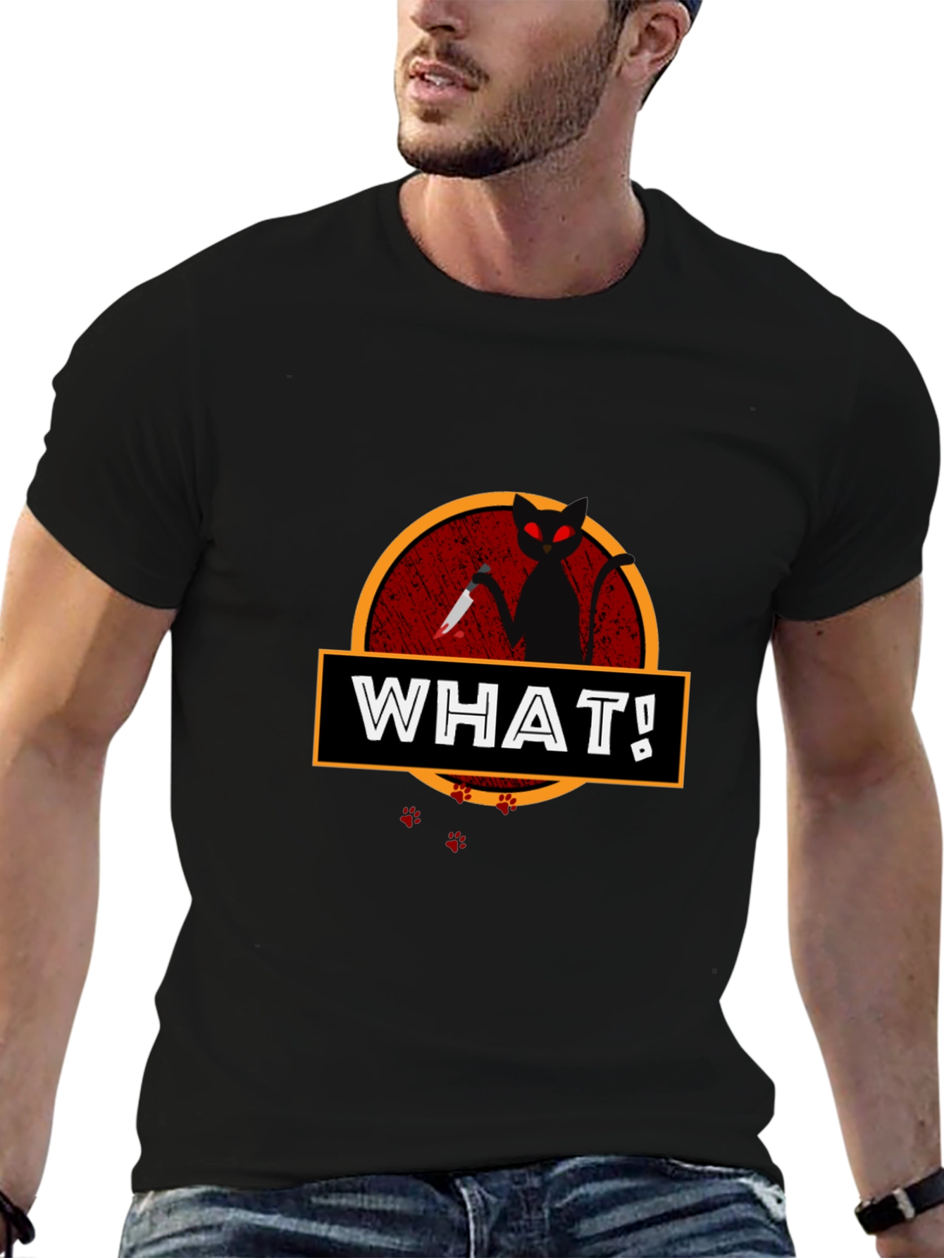 WHAT! Cat with Knife Graphic T-Shirt