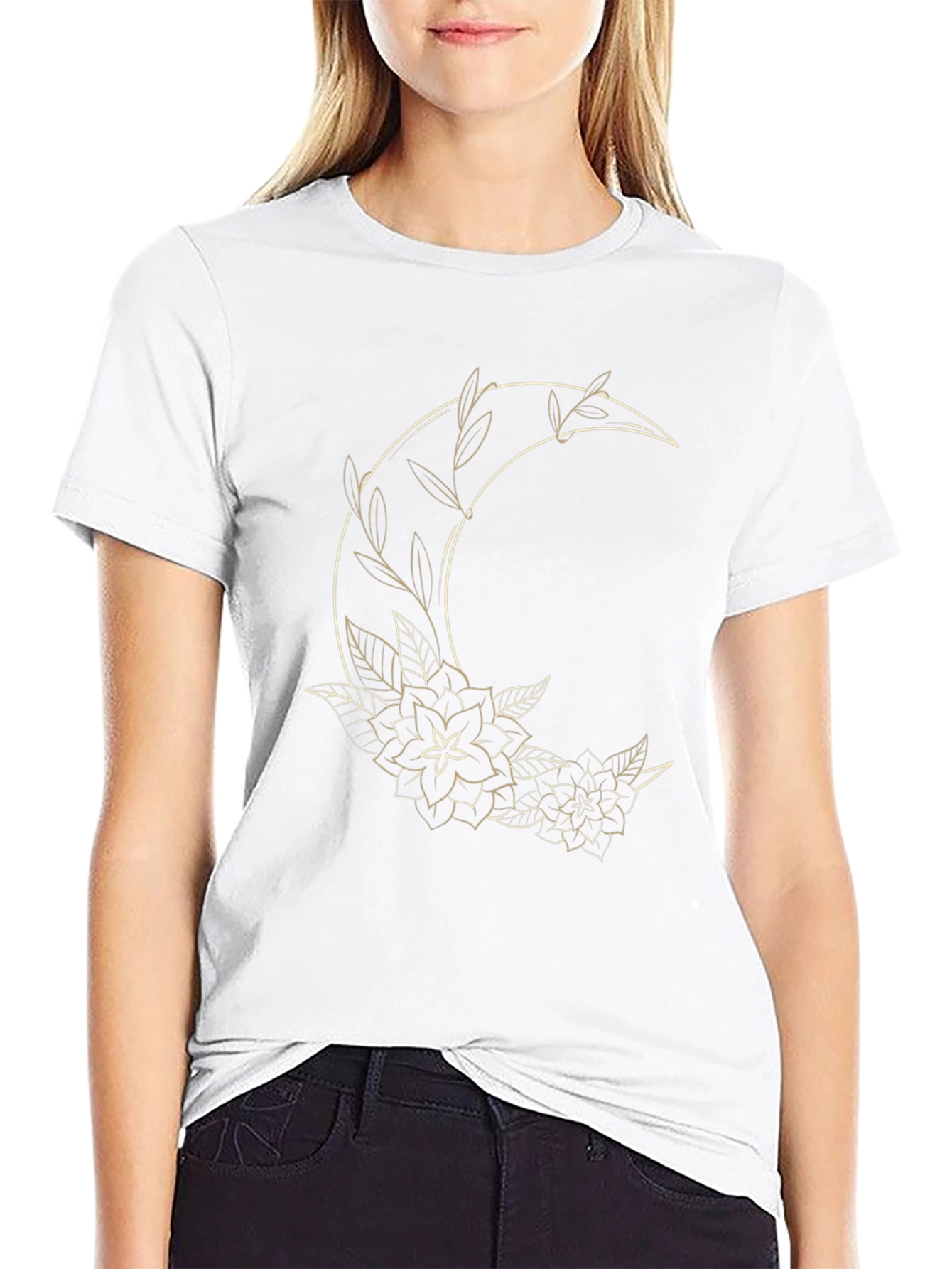Floral Crescent Moon Graphic Tee - Black