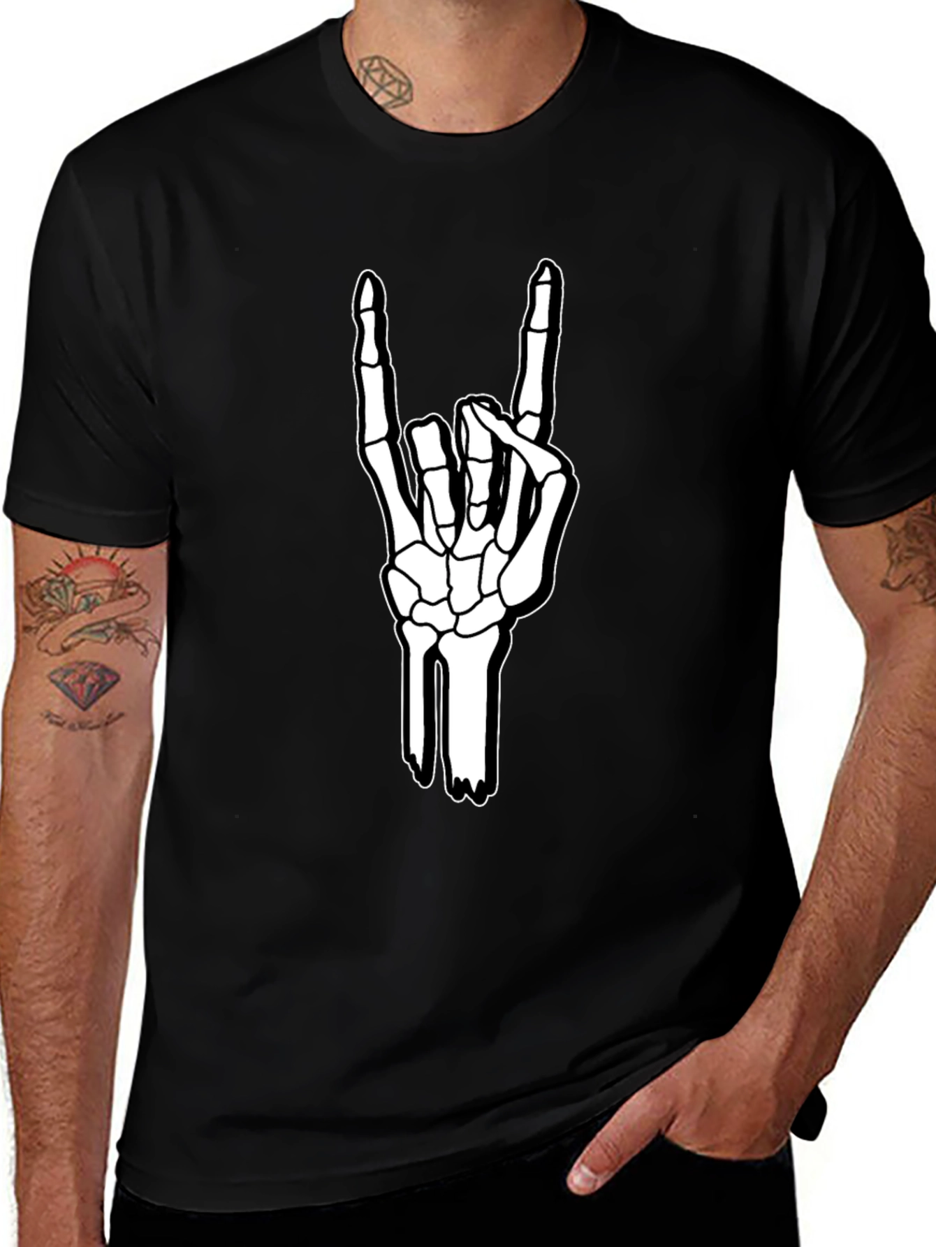 Rock On Skeleton Hand Graphic Tee - Black