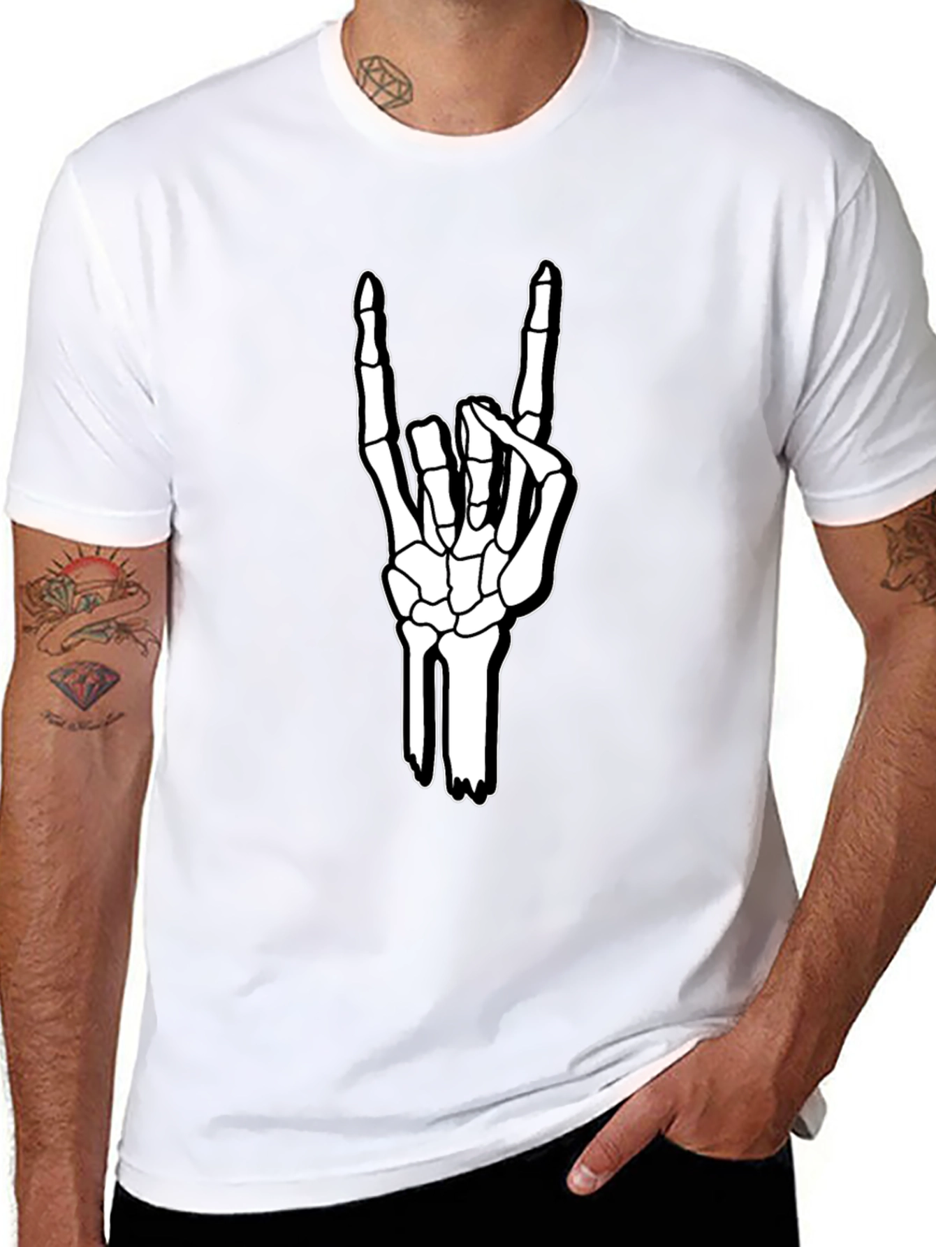Rock On Skeleton Hand Graphic Tee - Black