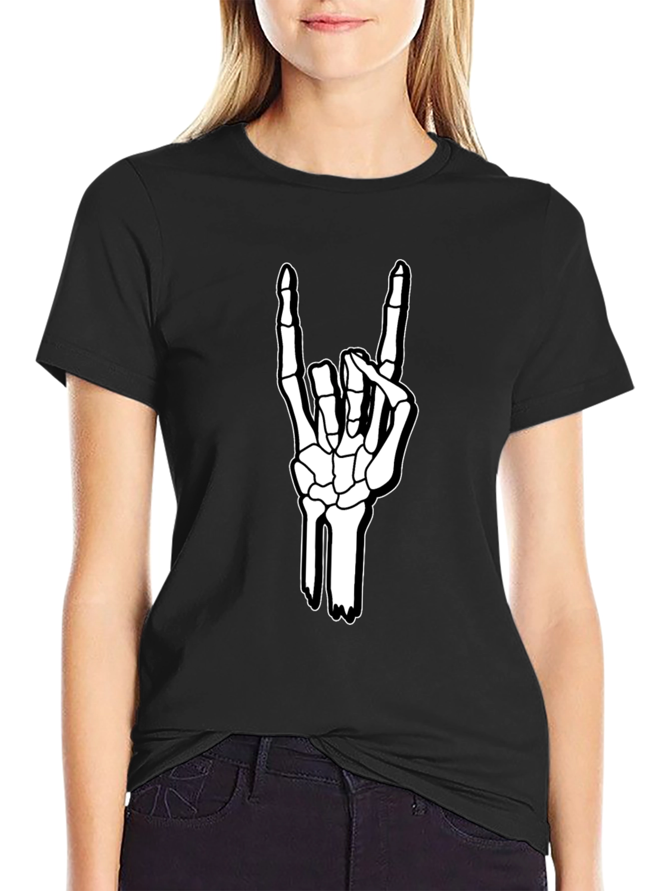 Rock On Skeleton Hand Graphic Tee - Black
