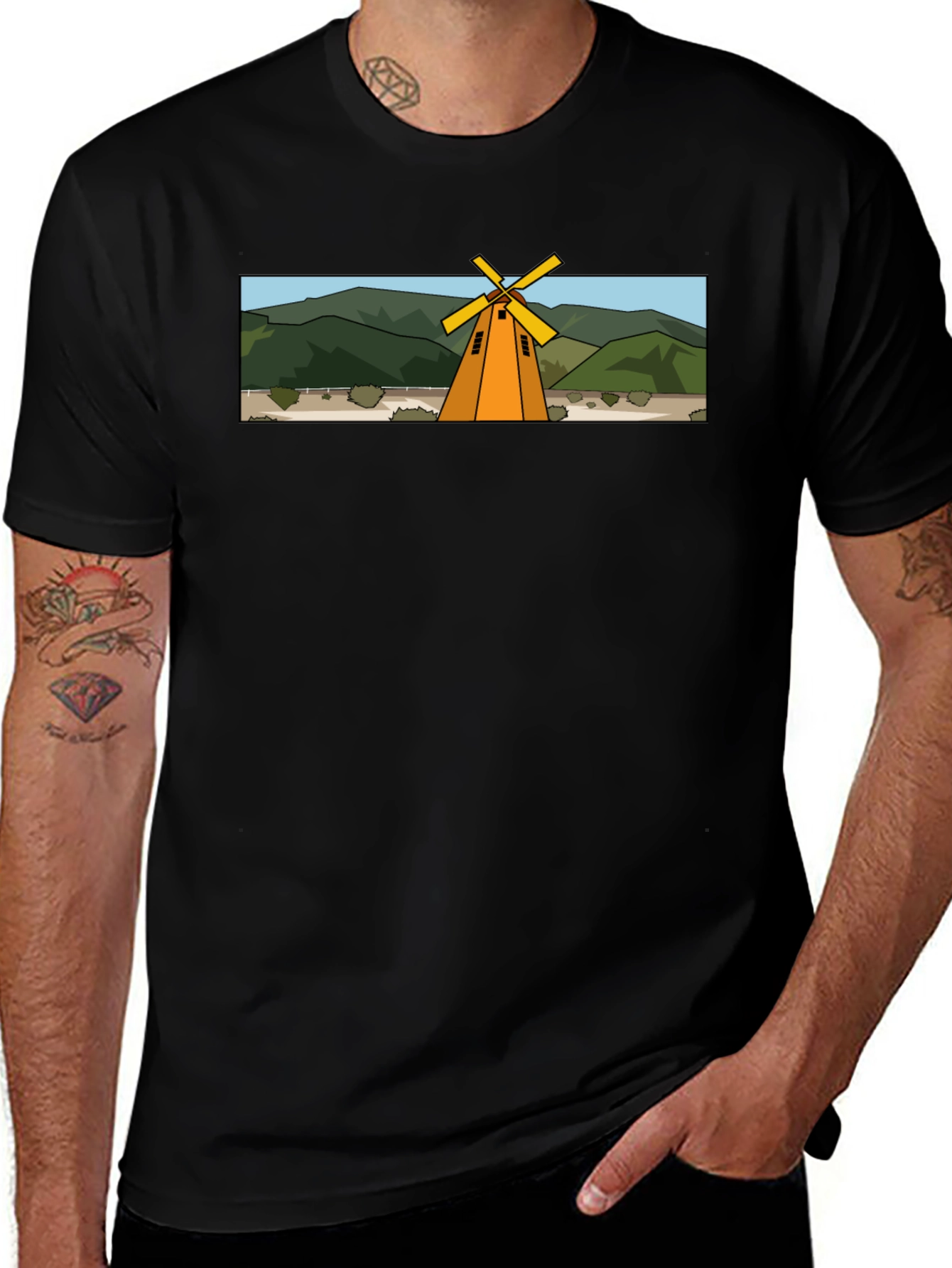 Windmill Graphic T-Shirt - Black Cotton Tee