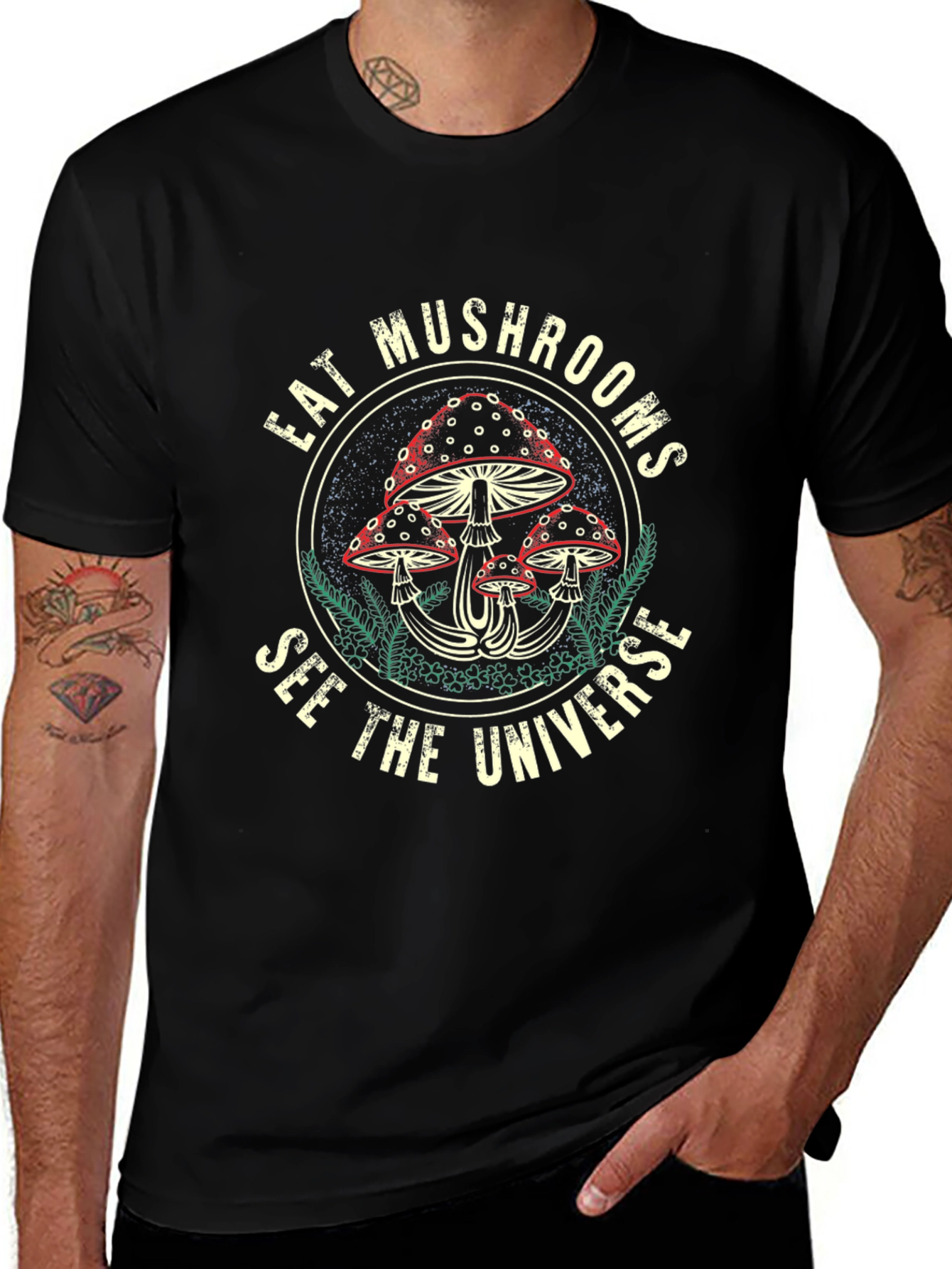 Eat Mushrooms See The Universe Black Graphic Tee