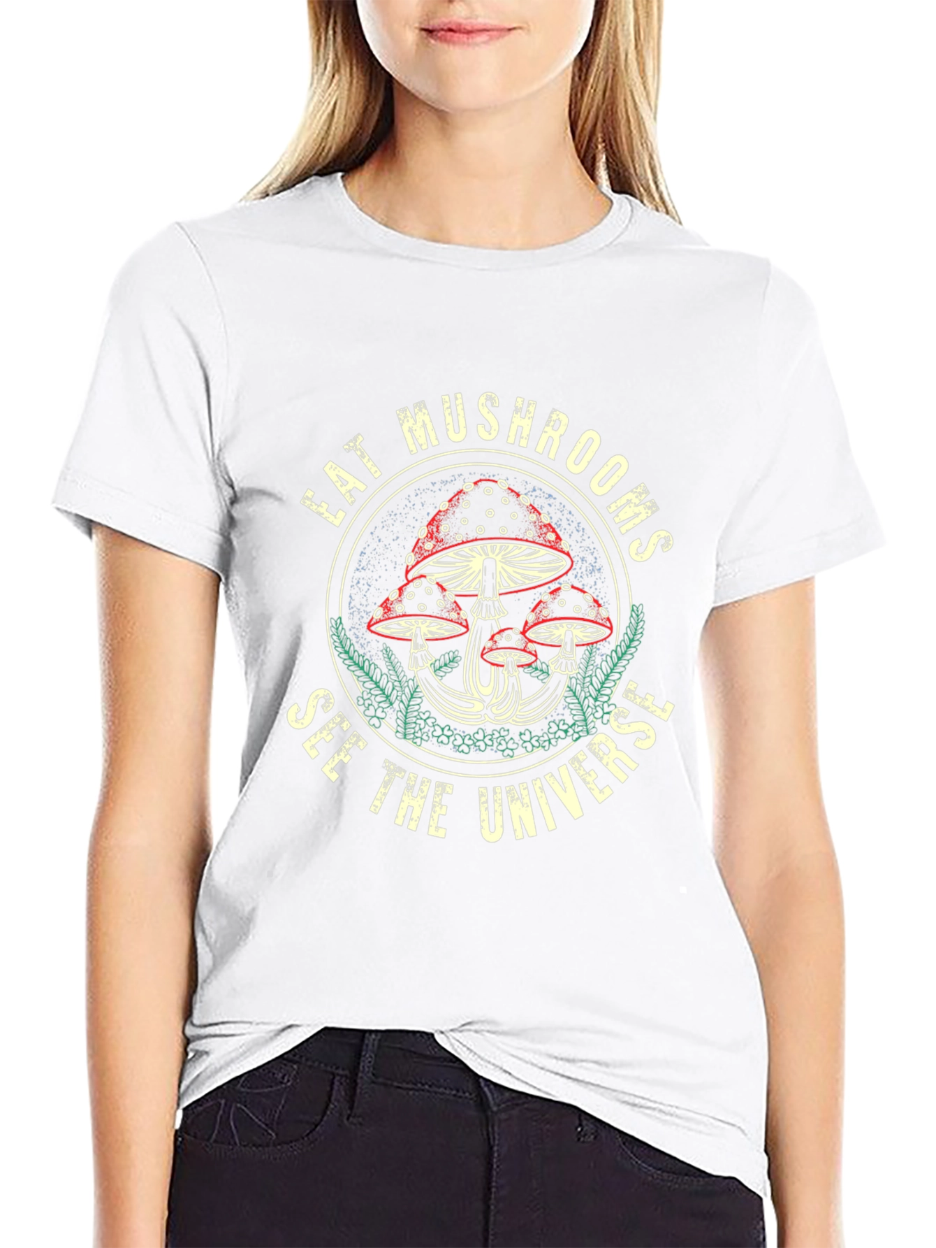 Eat Mushrooms See The Universe Black Graphic Tee