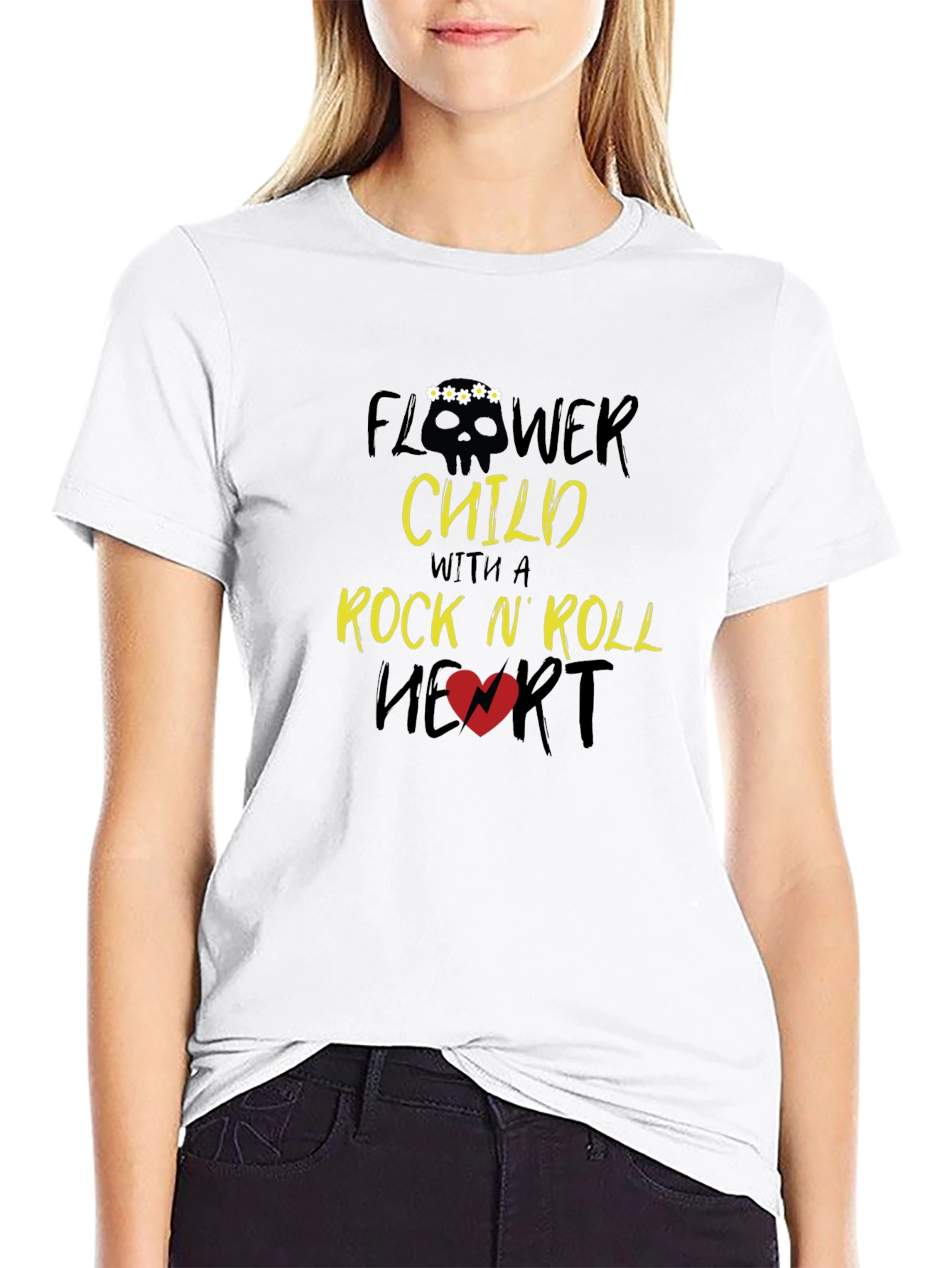 Flower Child Rock N Roll Heart Graphic T-Shirt