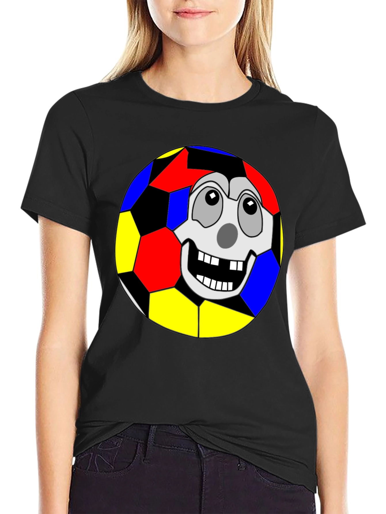 Funny Soccer Ball Face Graphic Tee - Black T-Shirt
