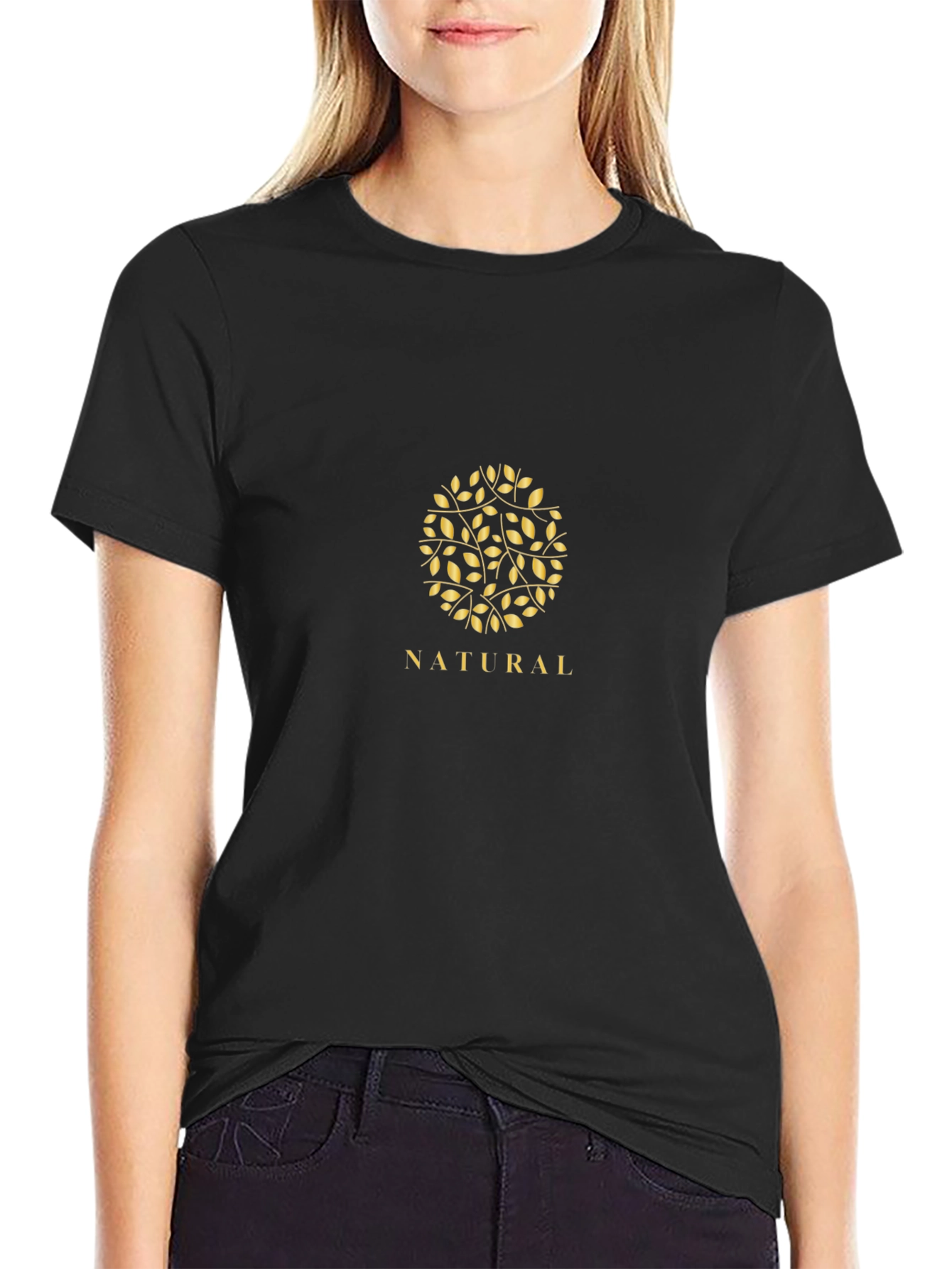 Natural Leaf Design Black T-Shirt