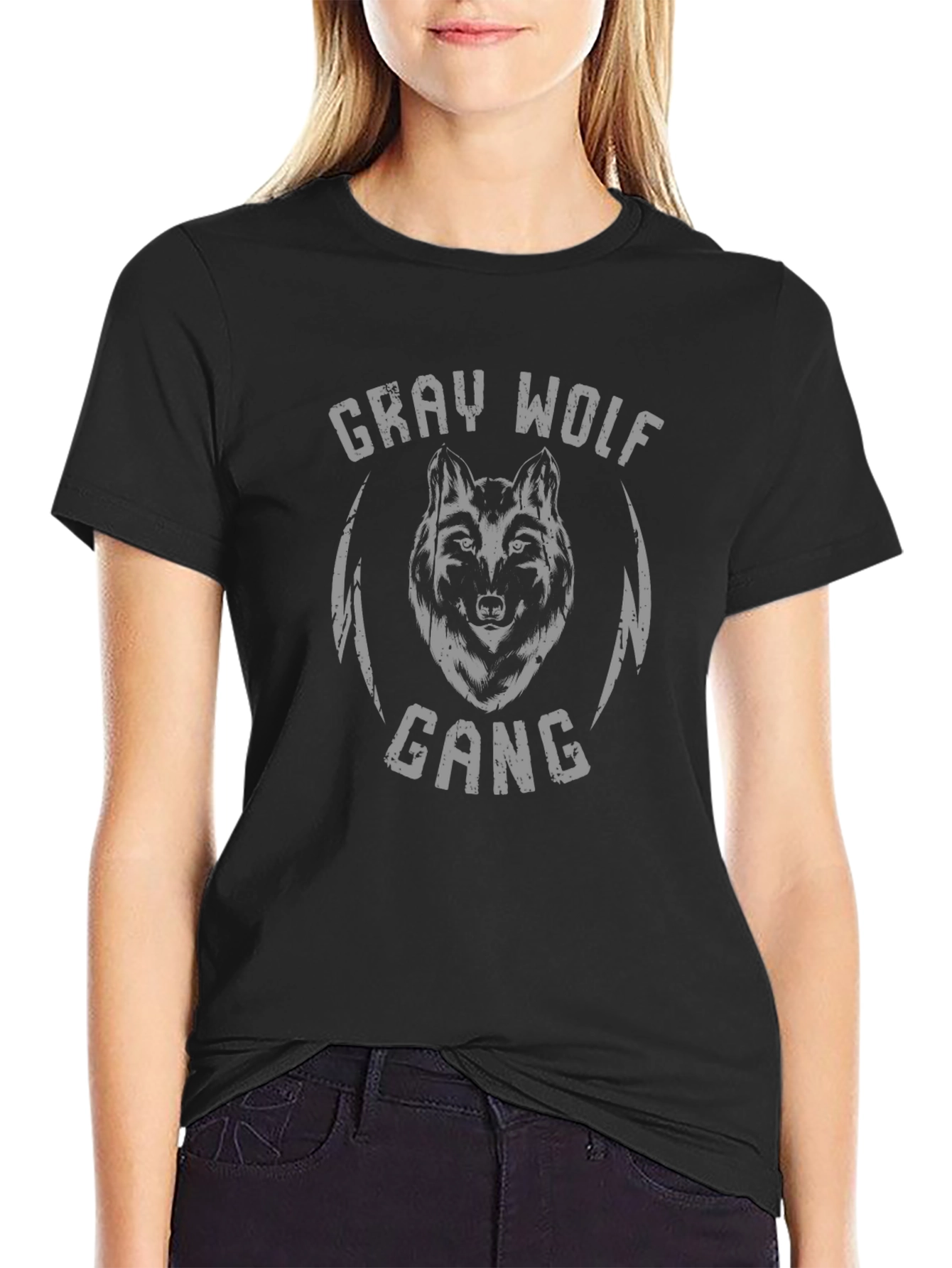 Gray Wolf Gang Graphic Print Black T-Shirt