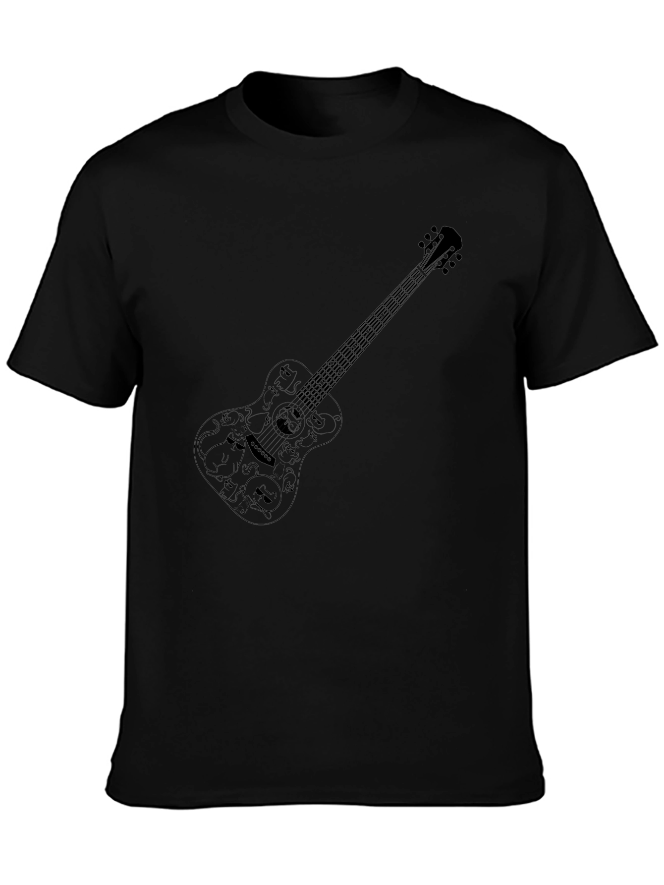 Guitar Cat T-Shirt - Black Cotton Crew Neck