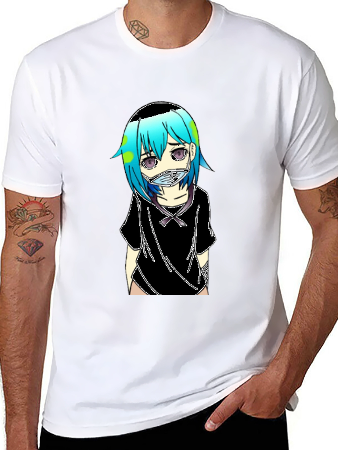 Anime Earth-Chan Face Mask Black T-Shirt