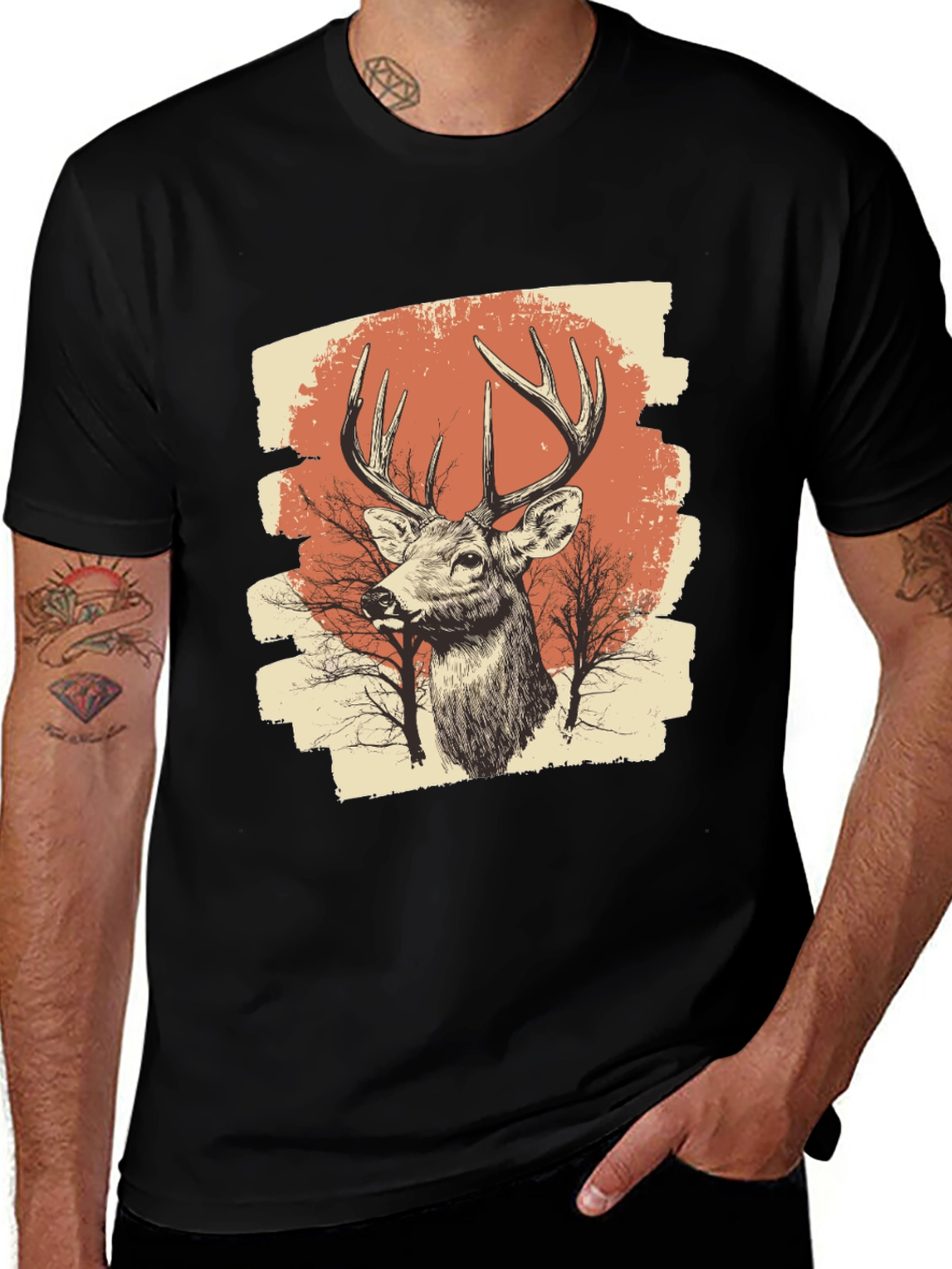 Deer Graphic Print Black T-Shirt
