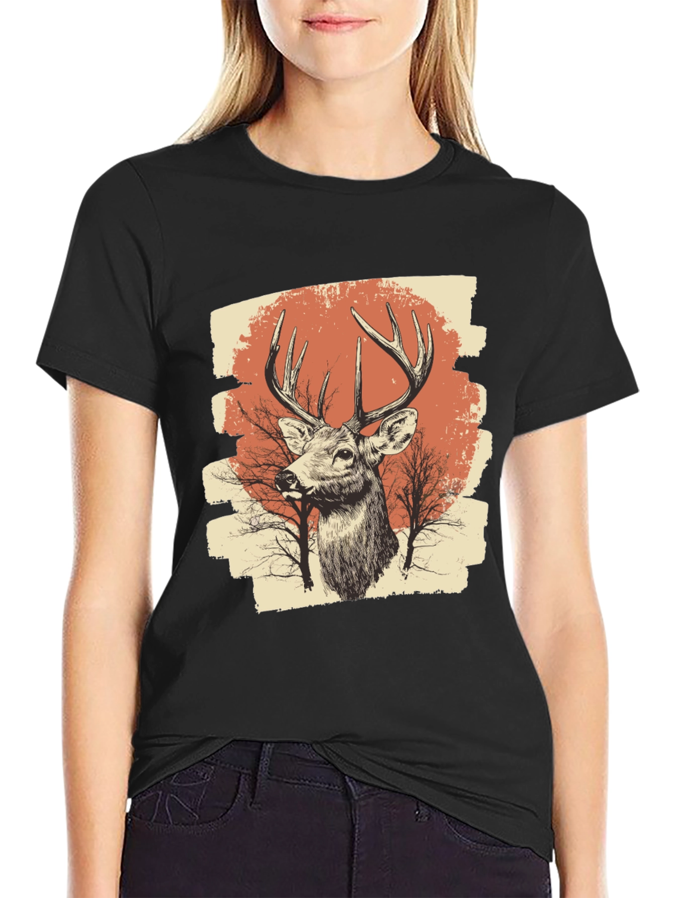 Deer Graphic Print Black T-Shirt