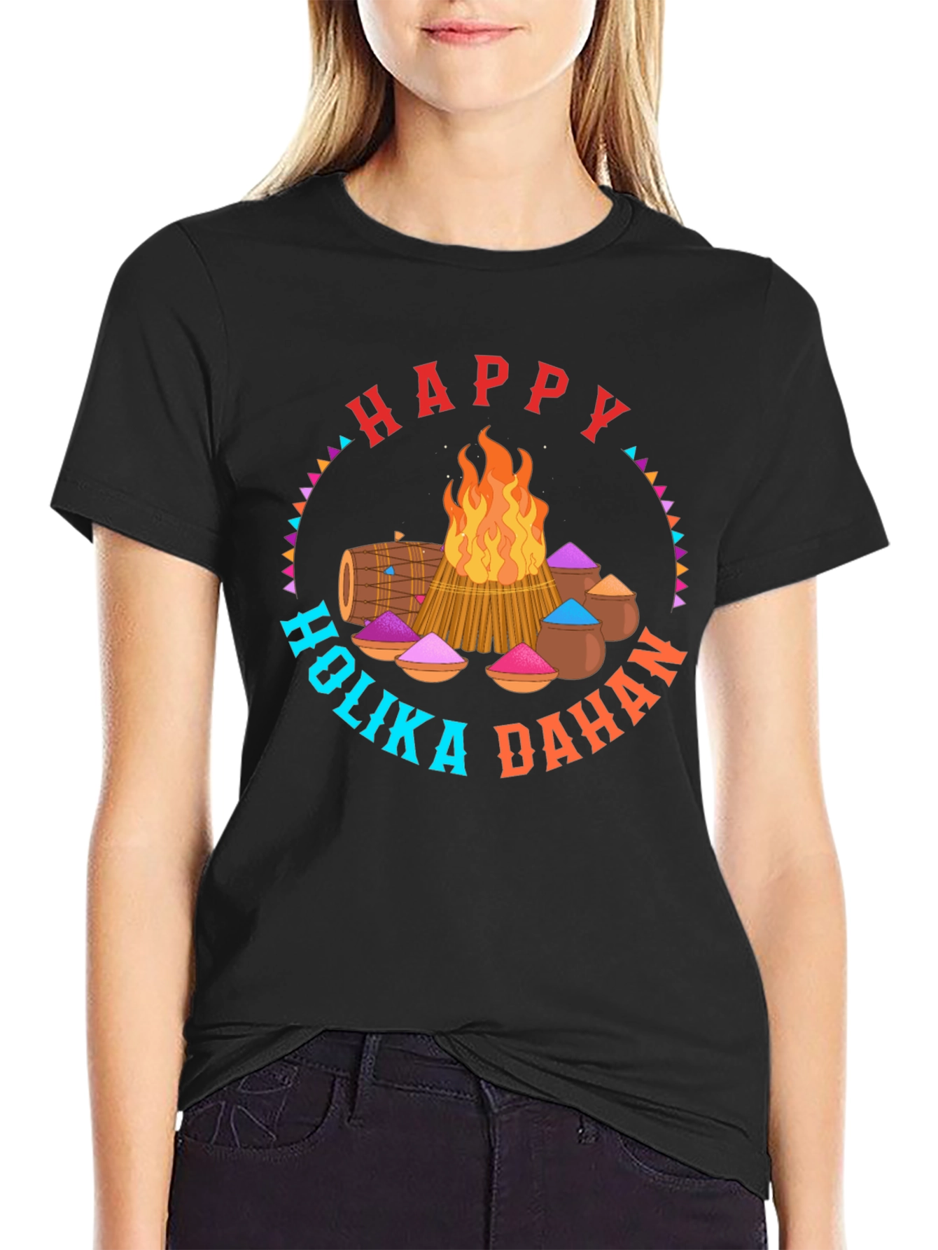 Happy Holika Dahan Graphic Tee - Festive Bonfire Design