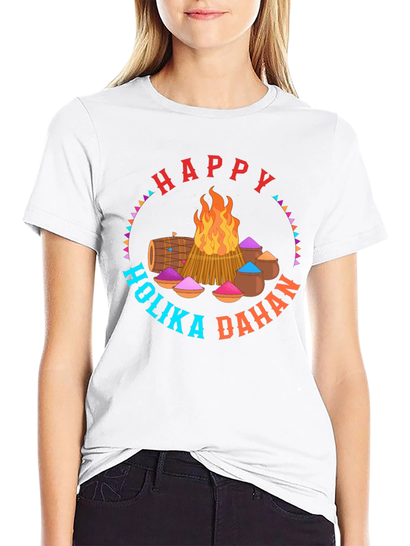 Happy Holika Dahan Graphic Tee - Festive Bonfire Design
