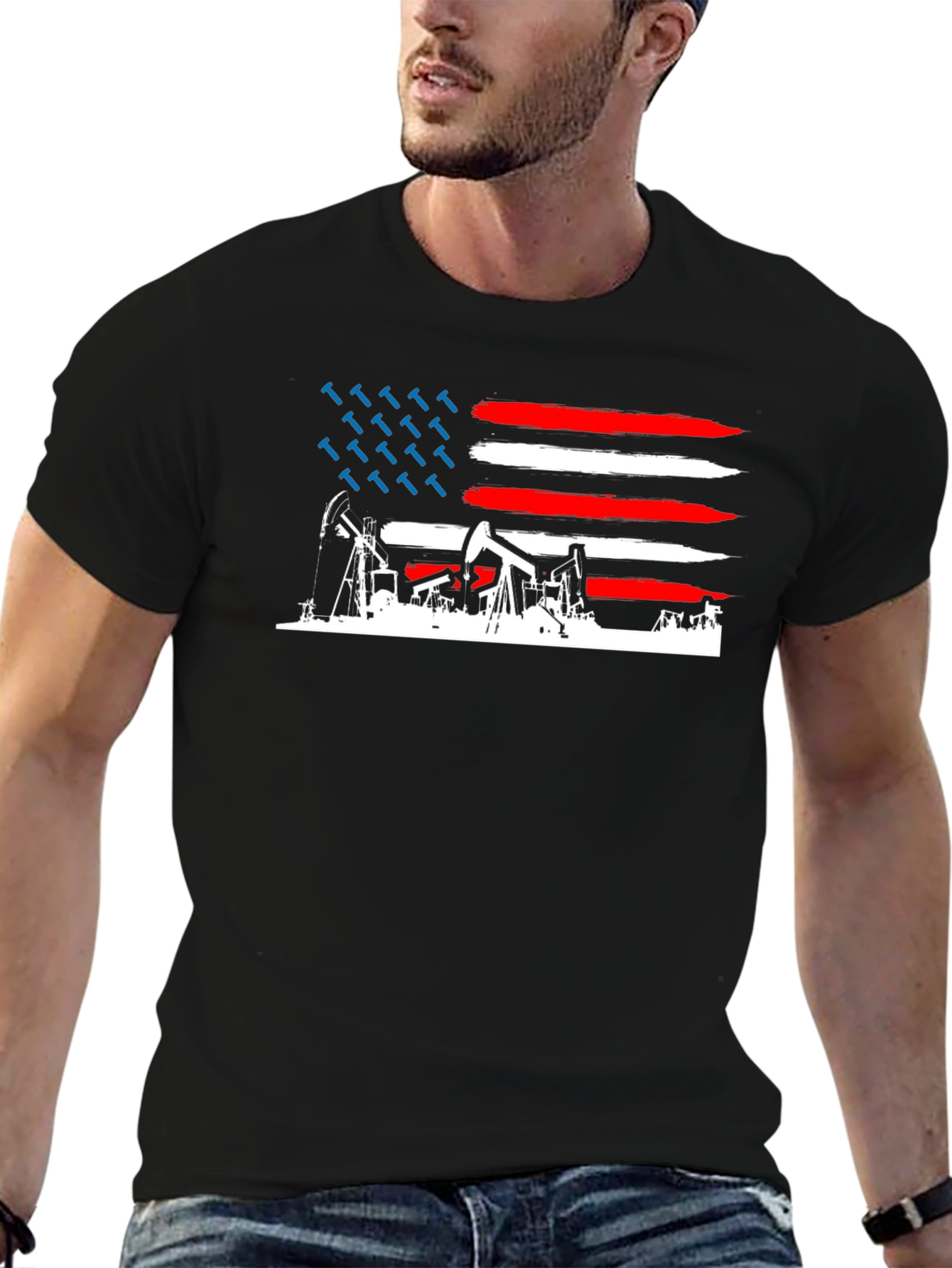 American Oil Rig Flag T-Shirt - Patriotic Black Tee