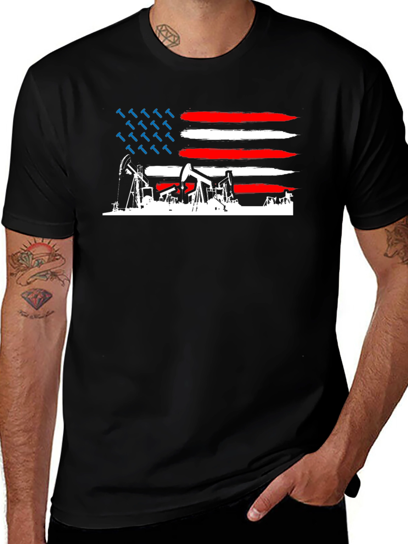American Oil Rig Flag T-Shirt - Patriotic Black Tee