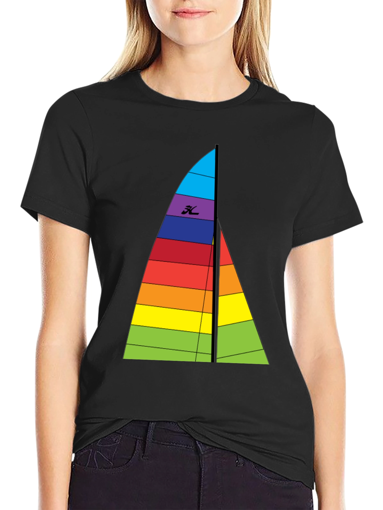Rainbow Sailboat Graphic Tee - Black Cotton T-Shirt