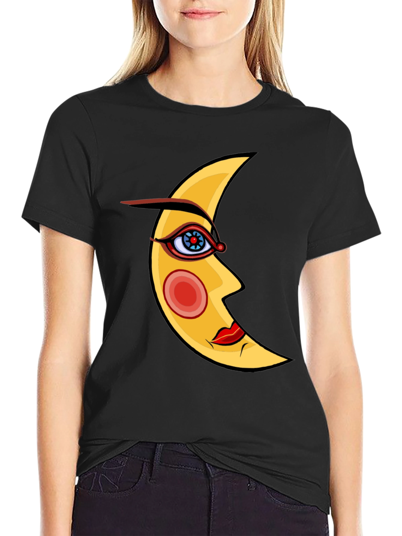 Crescent Moon Face Graphic Tee - Black Cotton T-Shirt