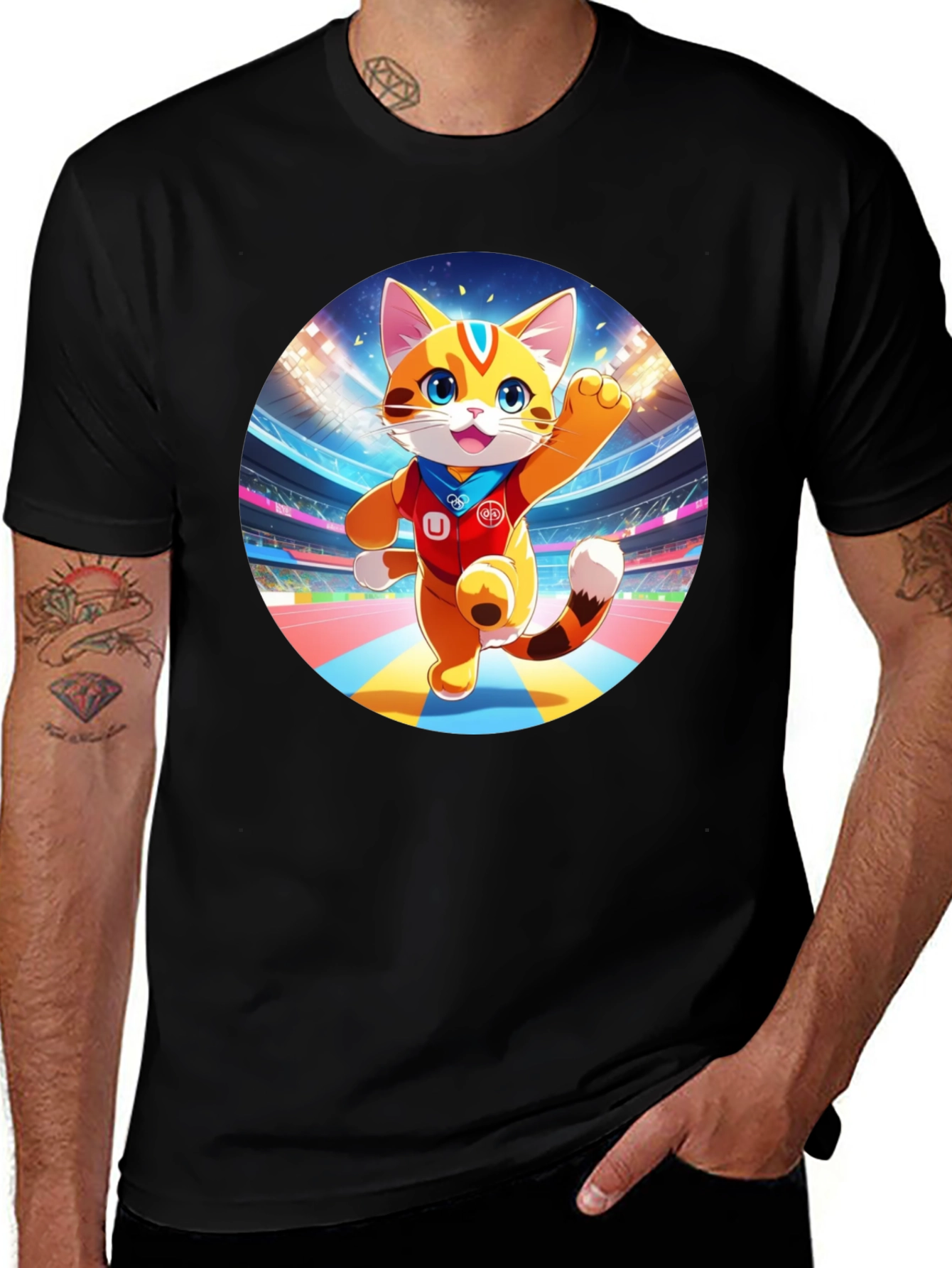 Cartoon Cat in Stadium Black T-Shirt